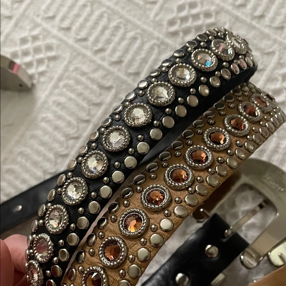 2 Kippys Leather Swarovski Cowgirl Black Brown Crystal Studded Belts 30 small